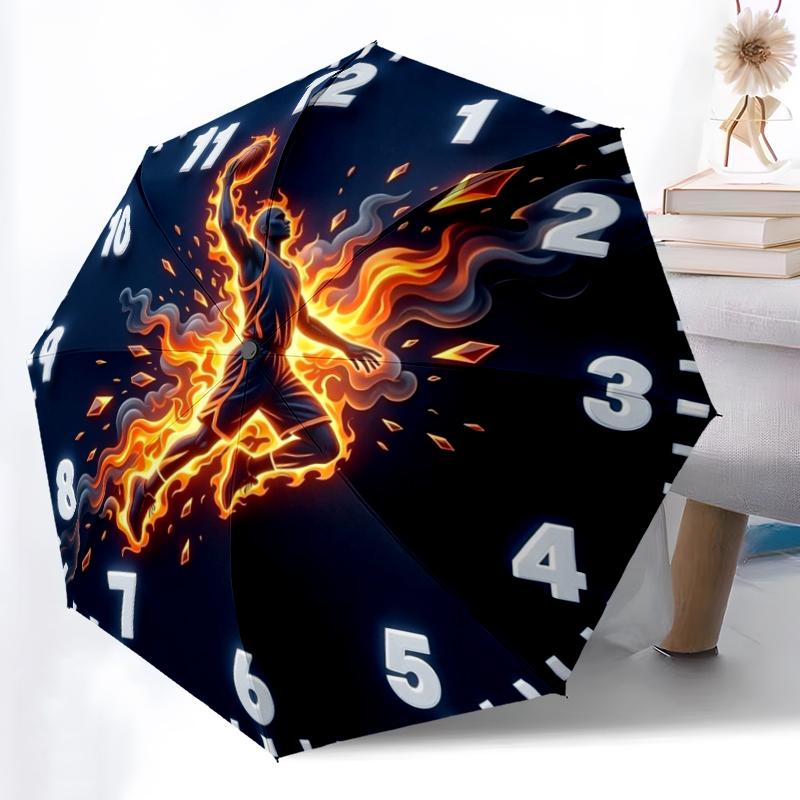 1pc Christmas Clock Combination Pattern Sturdy 8-Bone Auto Umbrella, Bright Umbrella, Digital Printed, Foldable Umbrella for On-the-Go Outdoor Use
