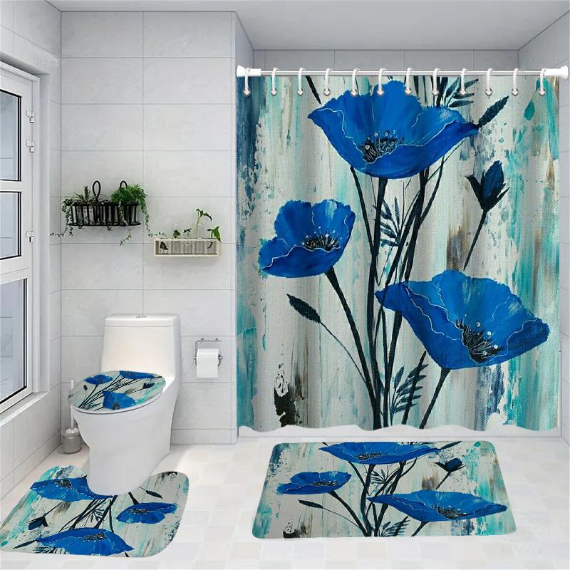 

Floral Pattern Shower Curtain Bath Sets Waterproof Non-Slip Bathroom Rug Toilet U With 12 Hooks Home Deco W60H190(CM)-1 Pcs
