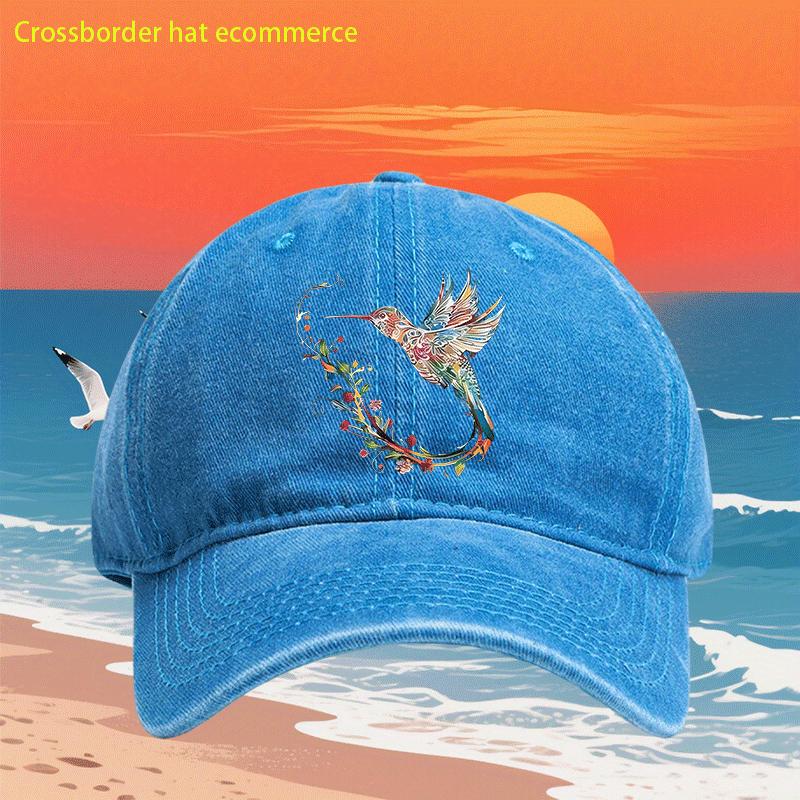 Hummingbird Print Denim Washed Baseball Cap Vintage Denim Soft Adjustable Outdoor Unisex Hat