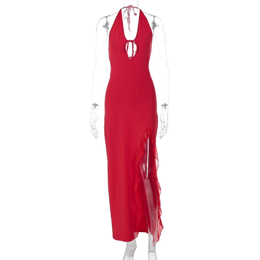 Vestito Sexy Scollo a V Schiena Scoperta per Donna con Bordi Arricciati e Vita Alta per la Primavera