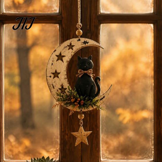 Unique Gift for Cat Owners Crescent Moon Black Hanging Ornament, on Wall Decor, Decor Rustic Star Door Window Pendant Gothic Farmhouse Room Decoration