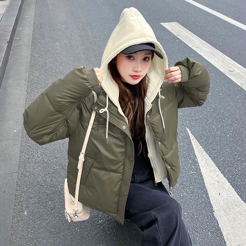 Neue Damen Fake Zweiteiler Baumwolljacke Winter Parkas Nicht waschen PU Daunen Baumwolljacke Kurz Dick Kapuzenmantel Damen Oberbekleidung