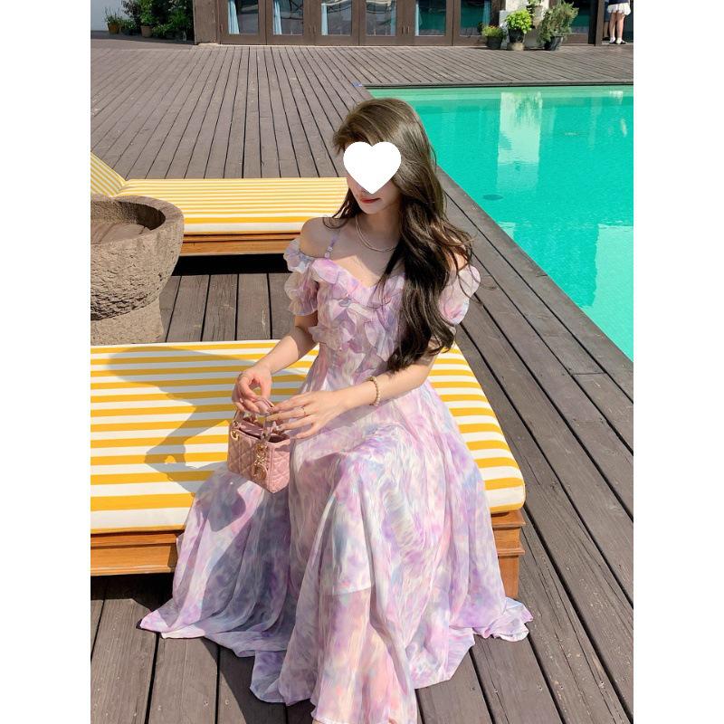 Women's Summer Purple Spaghetti Strap High Waist Maxi Dress