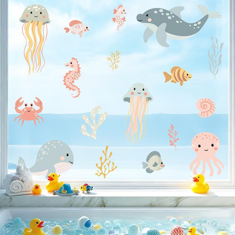 Small Fresh Marine Animals Wall Stickers Jellyfish Whale Crab Self-adhesive Pvc Stickers Bathroom Living Room Wall Decoration