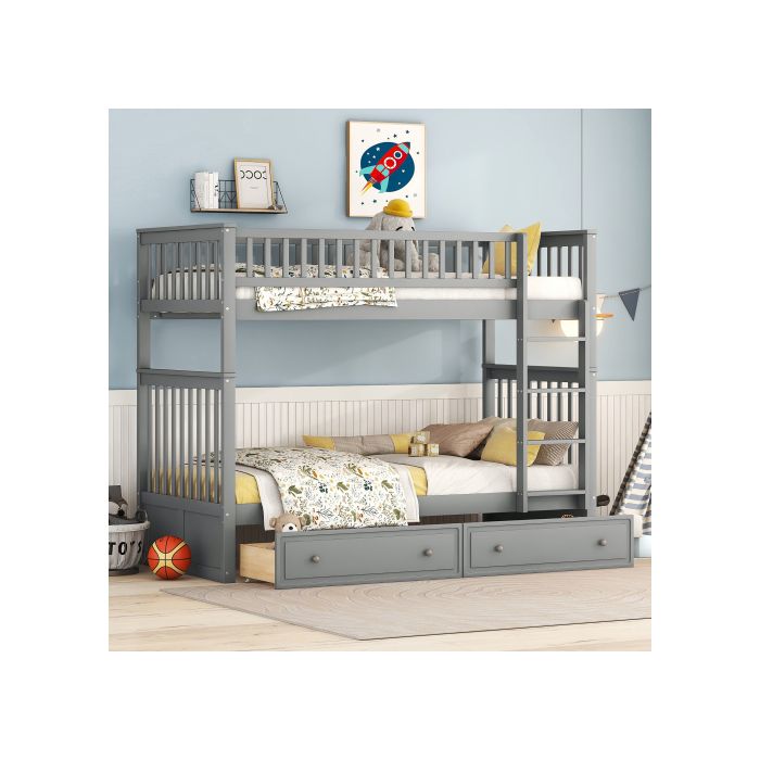 Lits Superposés - MUVOE - 90x200cm - Gris - Avec Tiroirs - Transformable En Lits De Jour