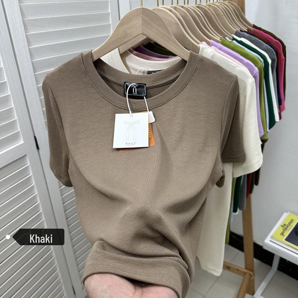 European Plus Size Ribbed Loose Short Sleeve T-shirt, Women's Green Base Layer Blouse