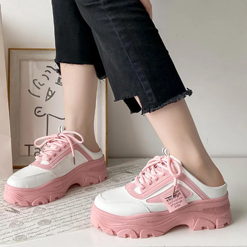 Women's Half Slippers PU Leather Womens Sneakers Breathable Loafers Lace-up Shoes Outdoor Casual Shoes Platform Zapatillas Mujer