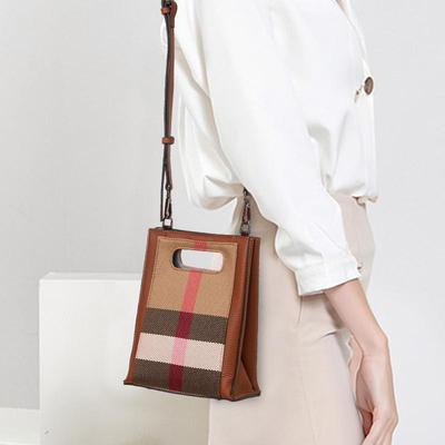 Aidrani Fashionable Women's Checkered Bag, Made of Canvas and Cowhide Materials, Caramel Color, Mini Hand-held Crossbody Bag