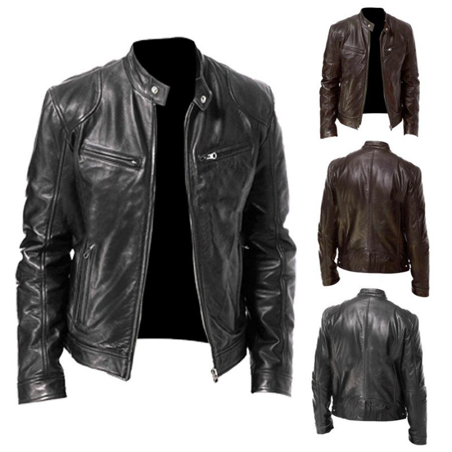 Men's Leather Jacket Standing Collar Biker Leather Jacket Jacket