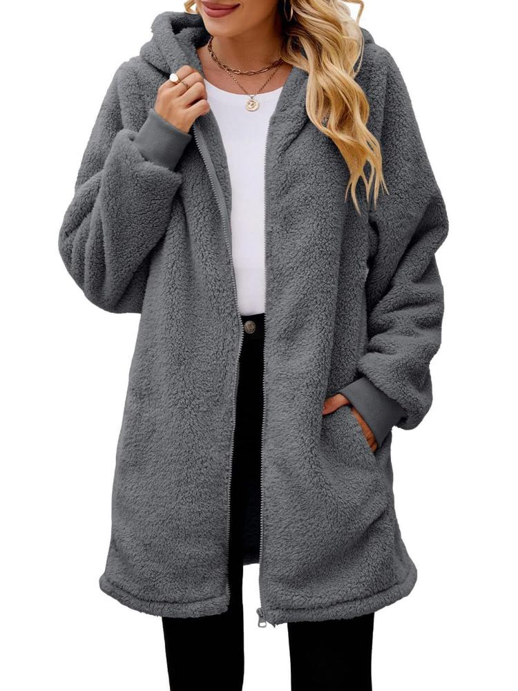 Winter loose plush women's long sleeved hooded zipper cardigan jacket