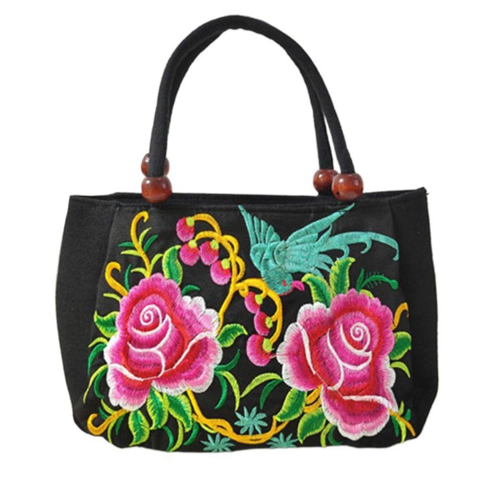 

Leaf Embroidery Flower Handbag Canvas Rose Flower Shoulder Bag Ethnic Style Tote Bag Shopping F