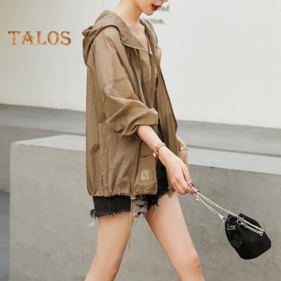 Sonnenschutzkleidung für Damen, mit Kapuze, Kordelzug, langärmelig, Sommermantel mit Taschendekoration, Sonnenschutzkleidung