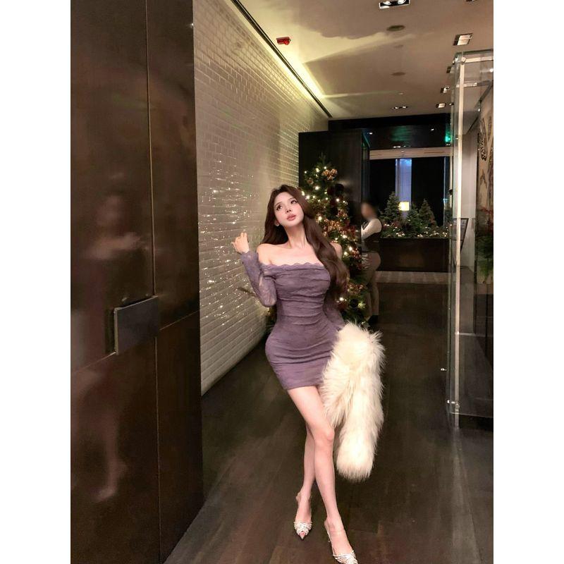 

Kumikumi Adult Lady like Woman Elegant Embroidery Lace Dress Women s Summer Pure Desire Slim Fit Package Hip Skirt Purple Skirt Purple M