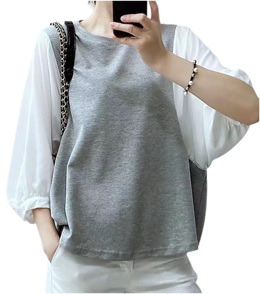 Chunachi Long Puff Puff XL Casual Loose Layering Docking Mixed-Material Top, 3/4 Sleeve, Sheer, Sleeve, Chiffon, Casual, Spring/Autumn, Sleeves, Cute,
