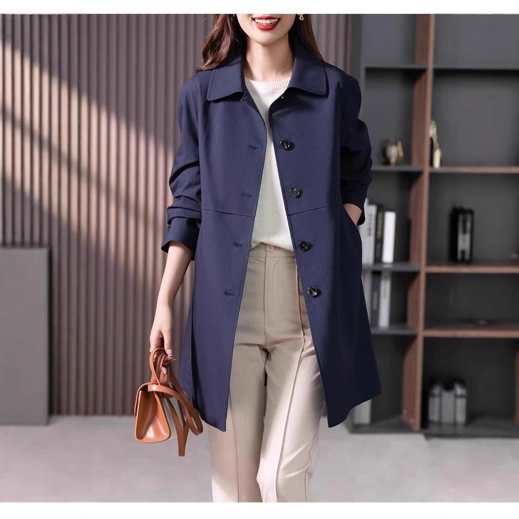 Women's British Style Mid-Length Trench Coat - 2025 Korean Edition for Spring & Autumn, High-End Straight-Cut Design