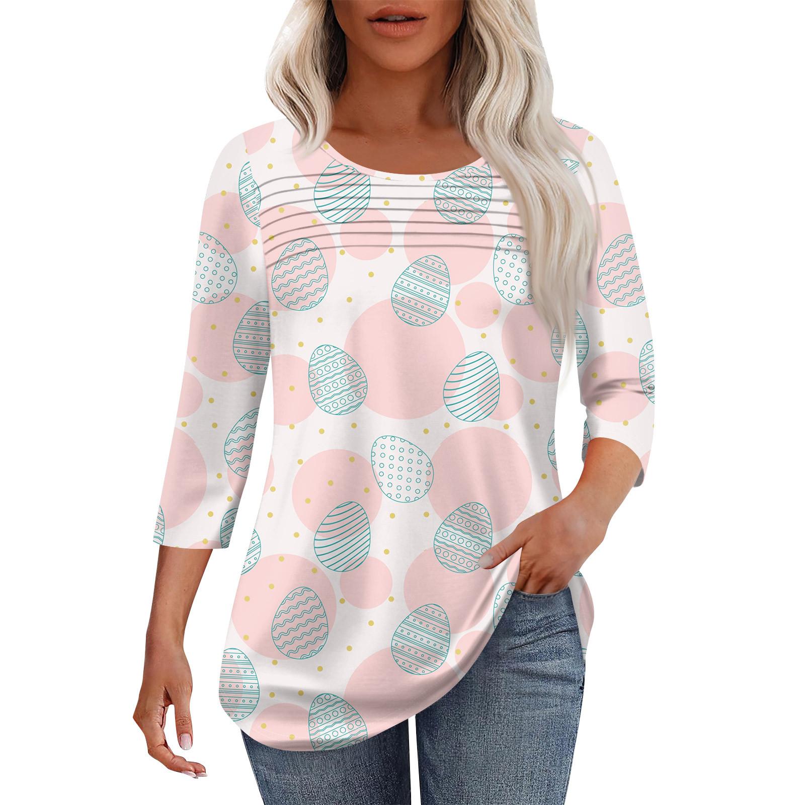 

Женская мода круглый вырез шея плиссированная передняя планка с принтом рукав 3/4 топ XXL розовый