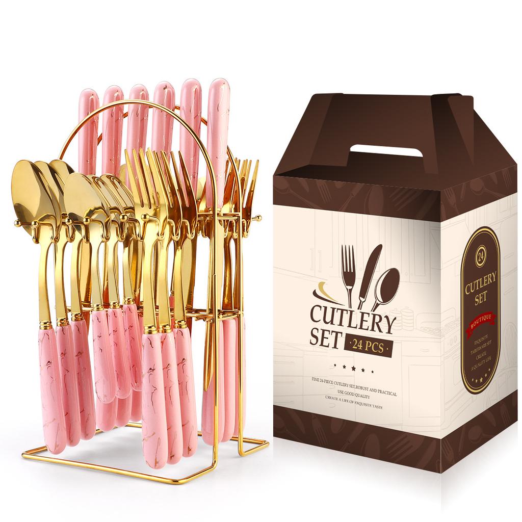 2026 Ceramic Handle Stainless Steel Tableware Set 24-piece Set Household Gold Knife and Fork Spoon Storage Shelf Gift Box