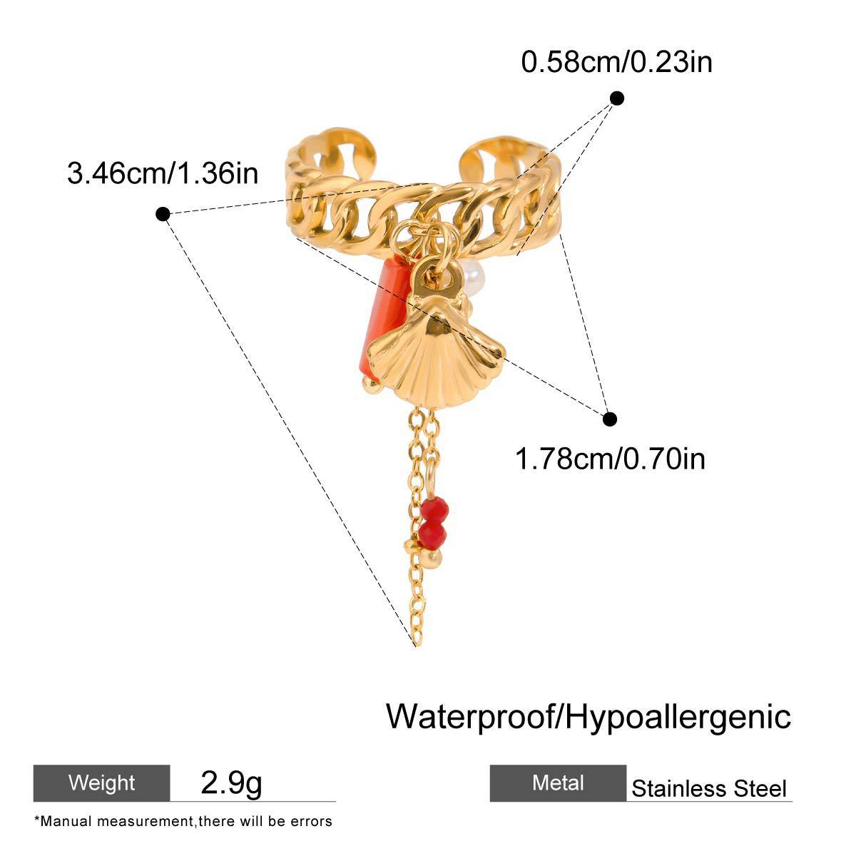 Personality Rock Tassels Chain Splicing Scallop Shell Open Ring Imitation Pearl Red Beads Knuckle Ring Daily Versatile Jewelry opening
