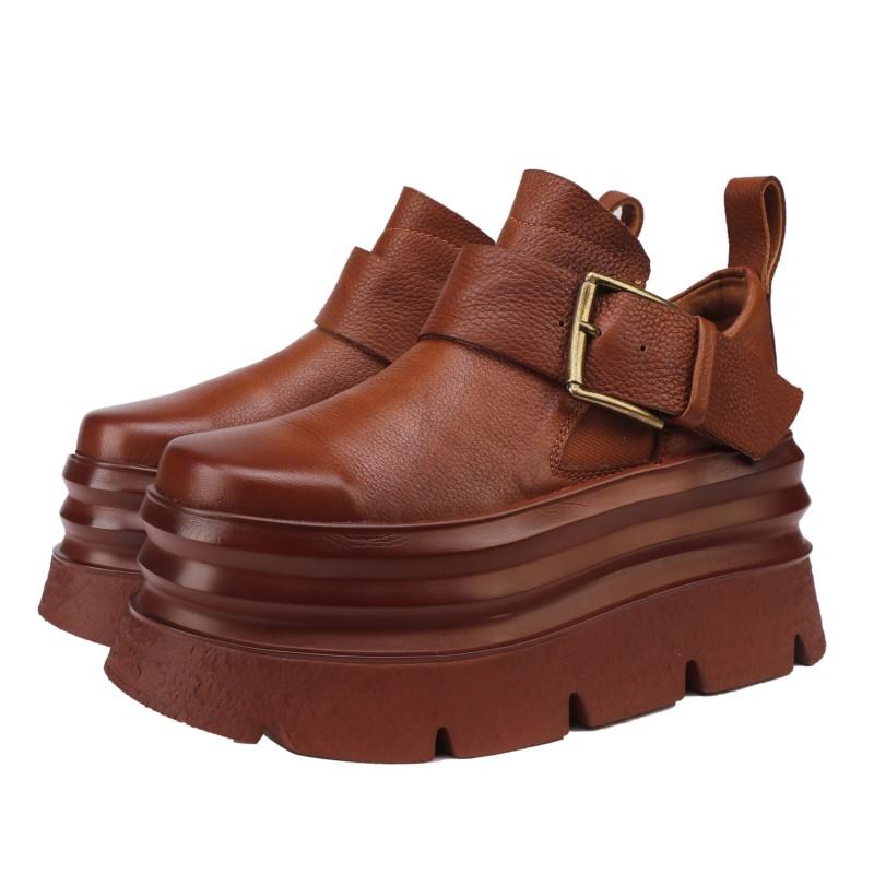 Johnature Platform Shoes Vintage Genuine Leather High Heels Women's Shoes Lightweight Height Increasing Shoes