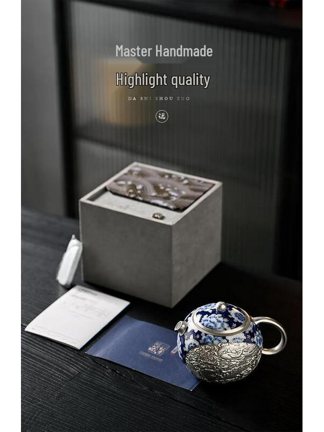 Handcrafted Blue & White Dragon Phoenix Silver-Plated Tea Pot