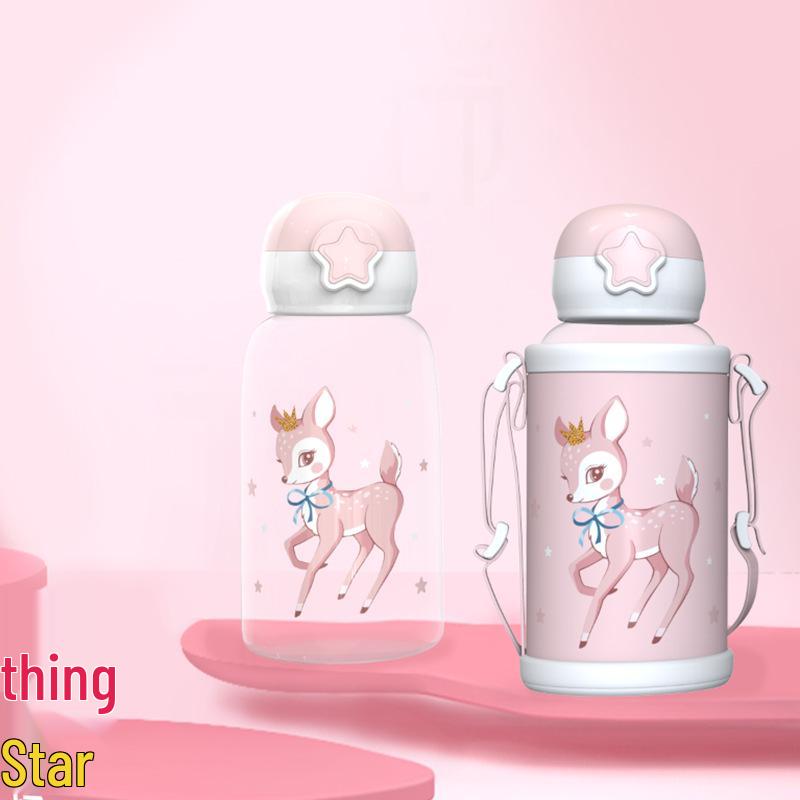 Children's Cartoon Antler Straw Cup - Portable Summer Outdoor Plastic Water Cup with Strap
