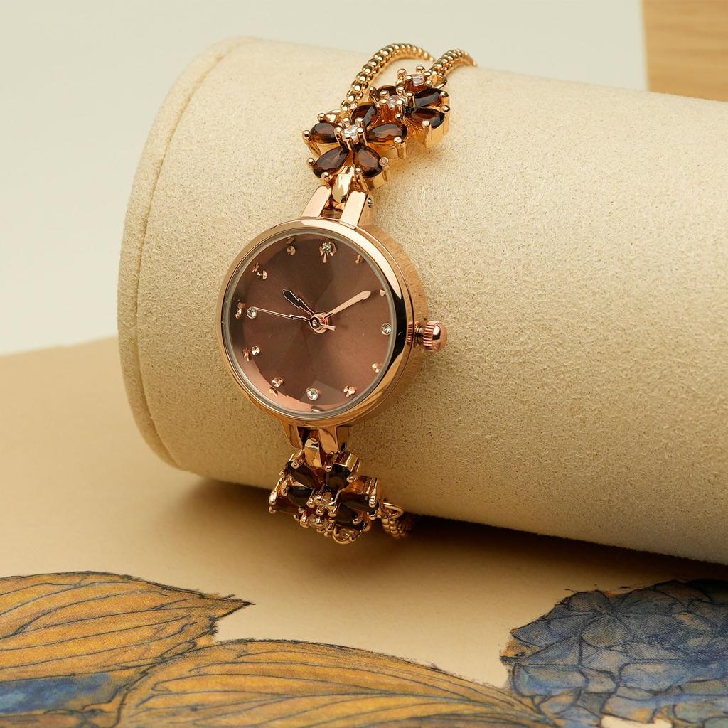 TIME100 Japanese Quartz Bracelet Polyhedron Glass Crystal Gift Box Included Women's Watch, Movement, Style, Band, Waterproof, (Coffee Brown)