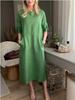 2024 Women's Cotton Linen Casual Dress with Double Pockets - Round Neck, Solid Color