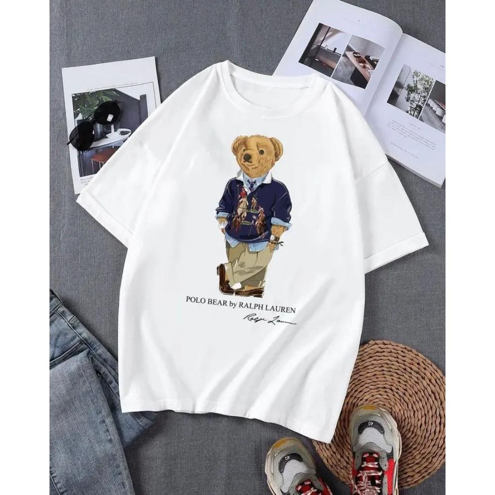 Cute Bear Printed Summer Women's T-shirt Light Luxury Trendy Brand Y2K Loose Casual Short Sleeved Top