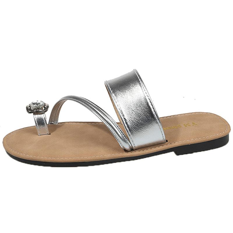 Rhinestone Set Toe Beach Sandals 2025 Summer New High-end Fashion Flat-bottomed Slippers Women's One-word Slippers