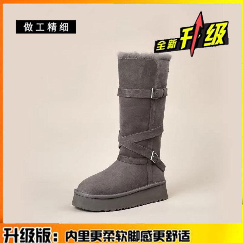 Real fur integrated warm thick-soled snow boots women's winter new buckle medium tube women's thickened cotton shoes
