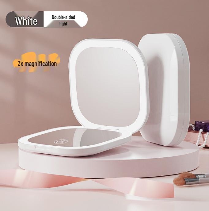 Compact Rechargeable Cosmetic Bag with LED and Foldable Handheld Makeup Mirror for Female Students