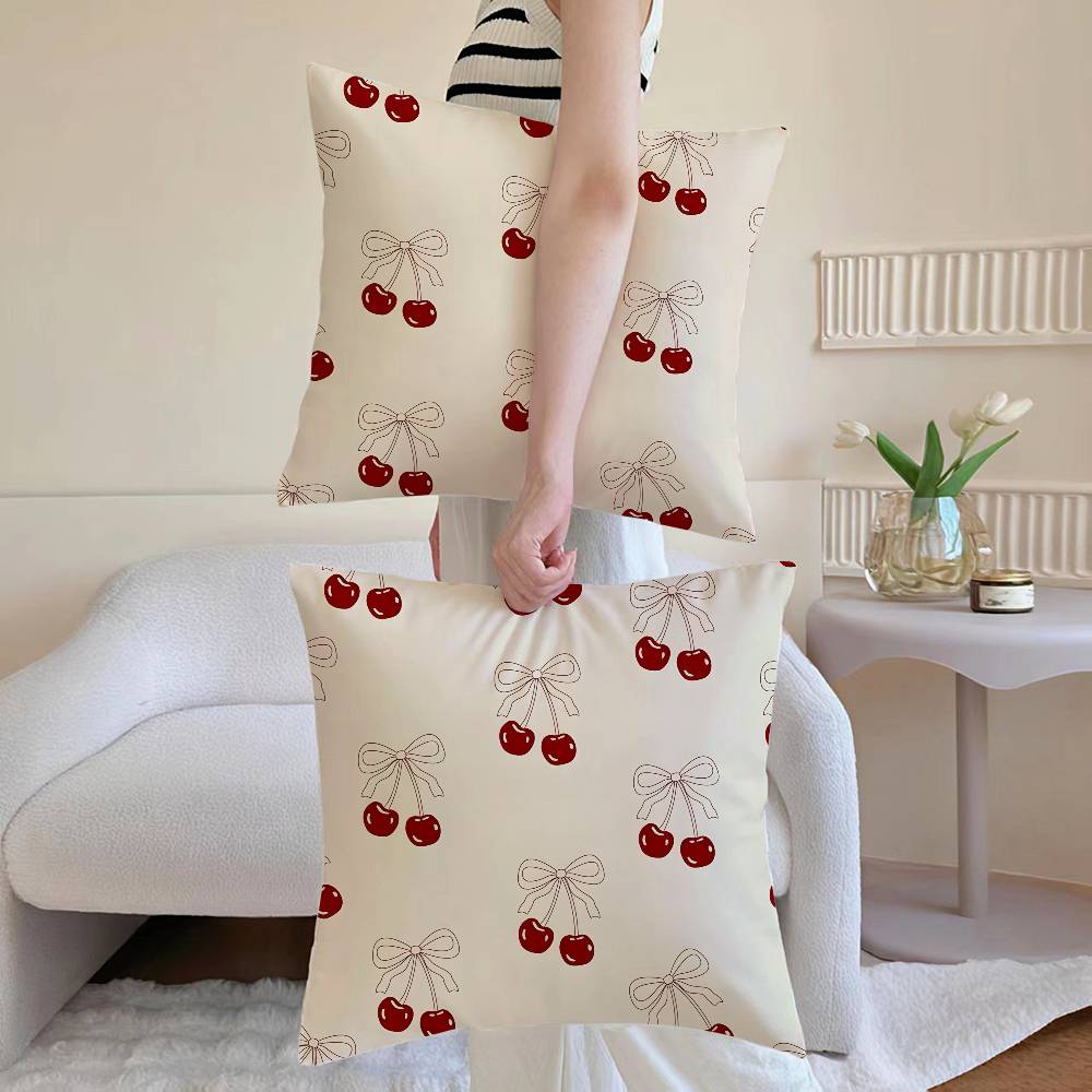 Pink Bow Cherry Pillow Case Sofa and Living Room Decorative Cushion Covers Dust-proof and Mite-proof Invisible Zipper