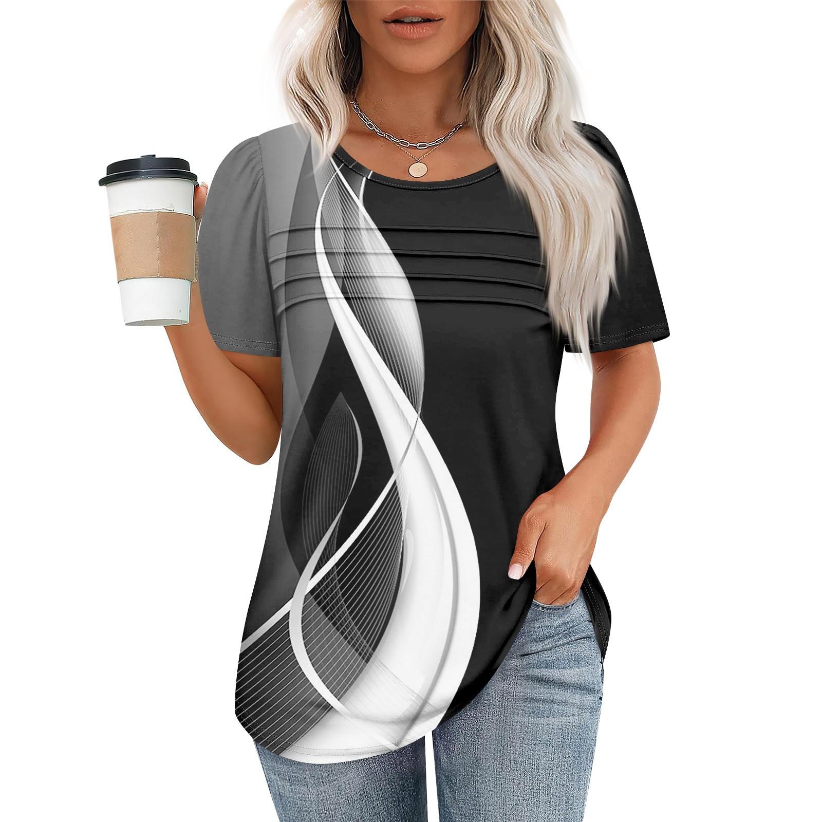 

Футболки для женщин, плиссированные, с круглым вырезом, нарядные, повседневные, блузки с принтом, с коротким рукавом, летние топы, свободный крой XXXL