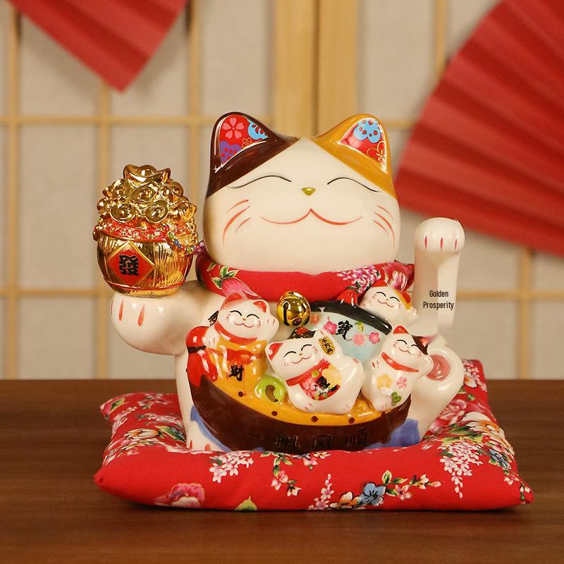 Electric Waving Lucky Cat Ceramic Ornament for Home, Living Room, Shop, or Cashier Desk.
