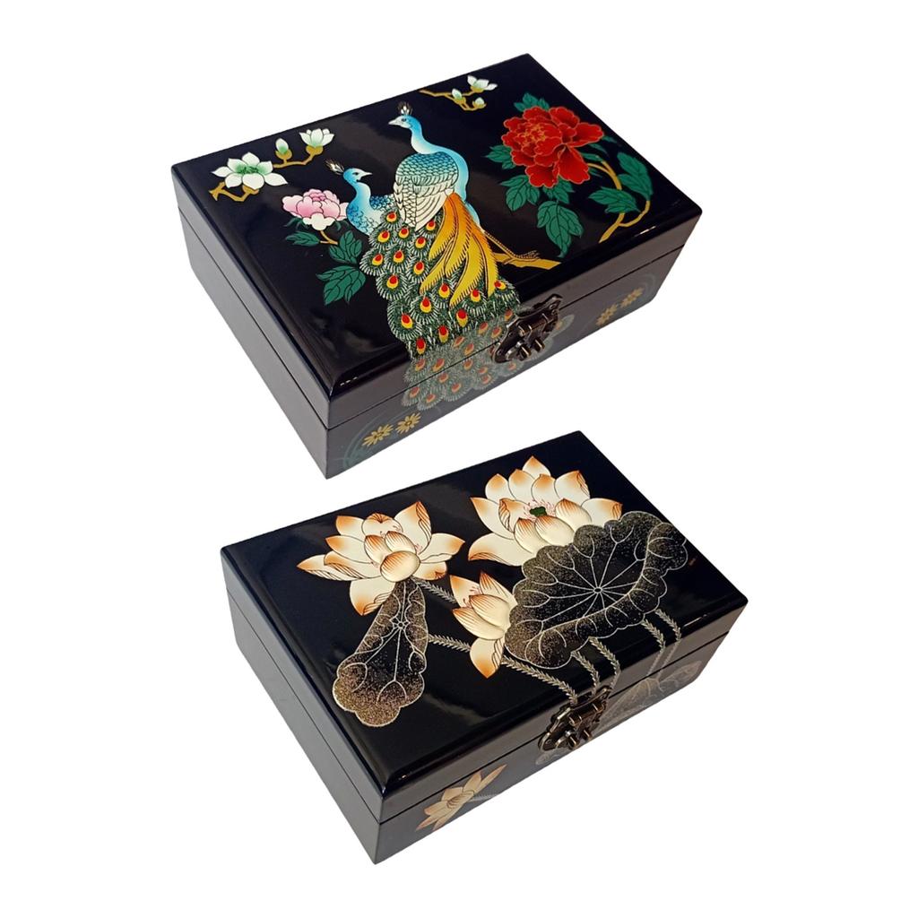 Secure Locking Lacquer Jewelry Organizers Hand Painted Wood Storage Box for Valuables and Accessories