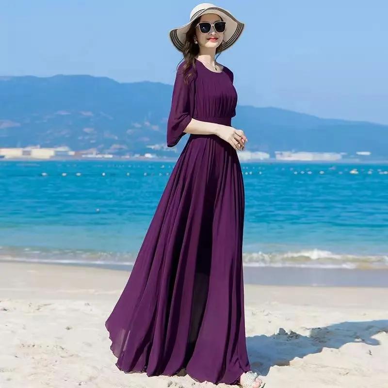 

Summer Women Chiffon Dress Solid Long Bohemian Beach Dress Elegant Ladies Party Maxi Dresses Women Clothing Vestidos 4X S фіолетовий