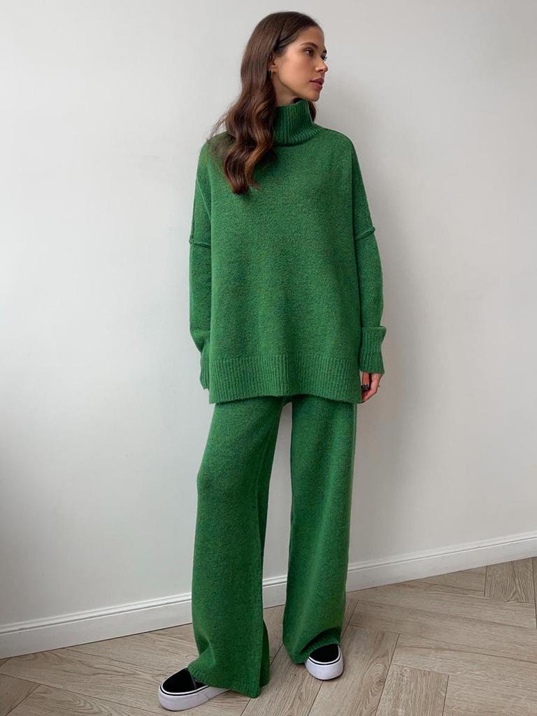 Women's High Collar Sweater & Wide Leg Pants Set - European and American Style, Autumn/Winter Casual and Cozy Knitwear.