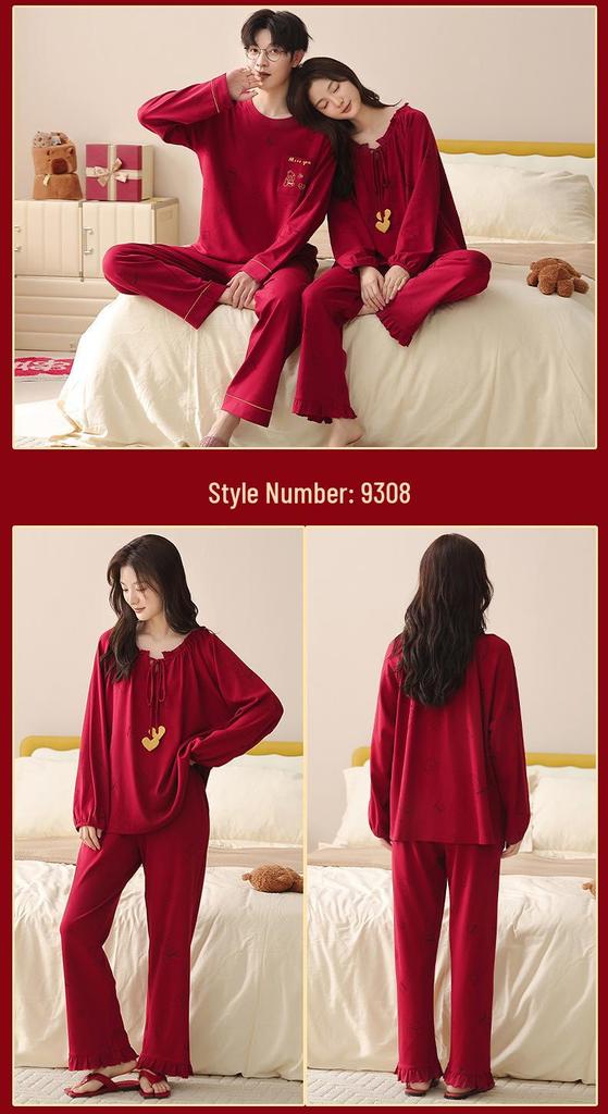 Newlywed Couple Red Cotton Pajama Set: Long Sleeve, Festive, Plus Size, Men's and Women's Home Wear for Spring and Autumn
