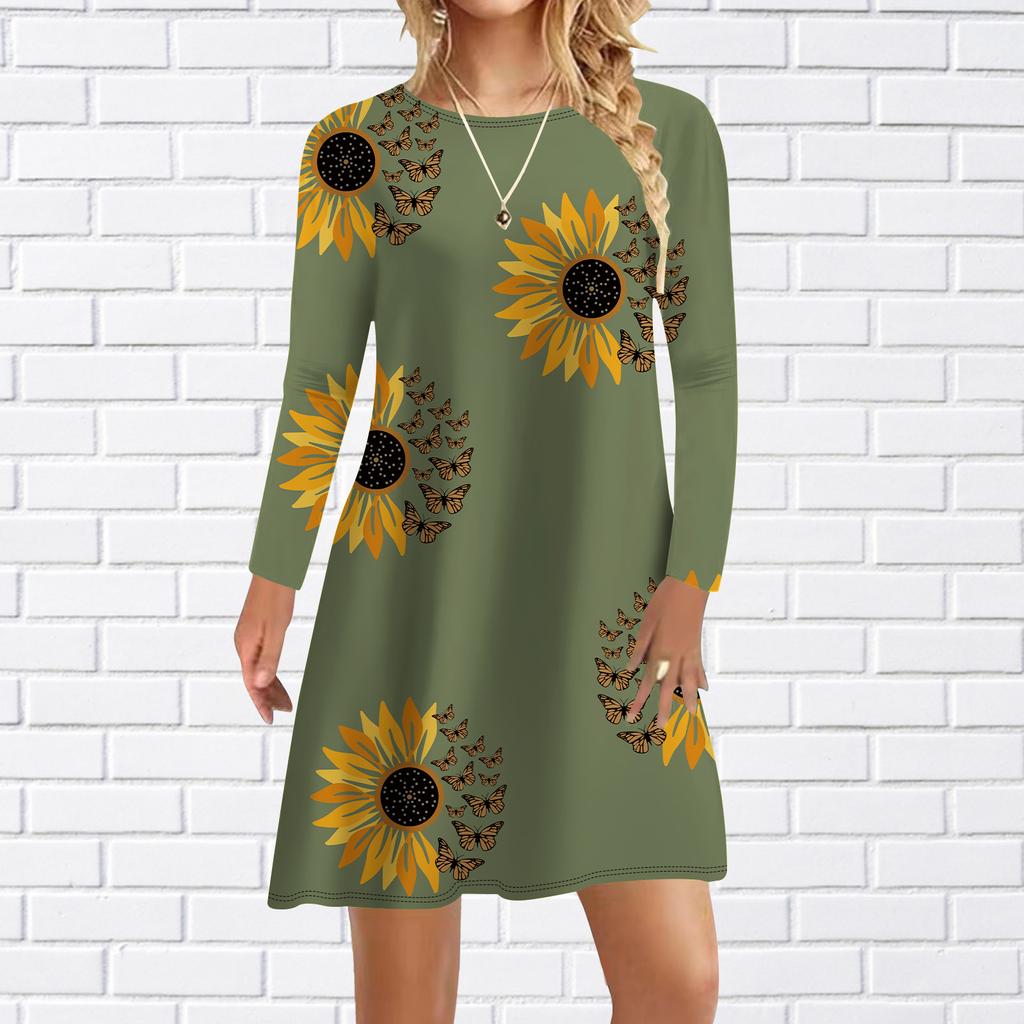 Women Casual Dress Autumn Green Sunflowers Print Dresses For Women O-neck Short Sleeve Dress Plus Size