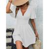 QICED Fashion Summer Spring Solid Color Print V-Neck Short Sleeve  Casual Dresses