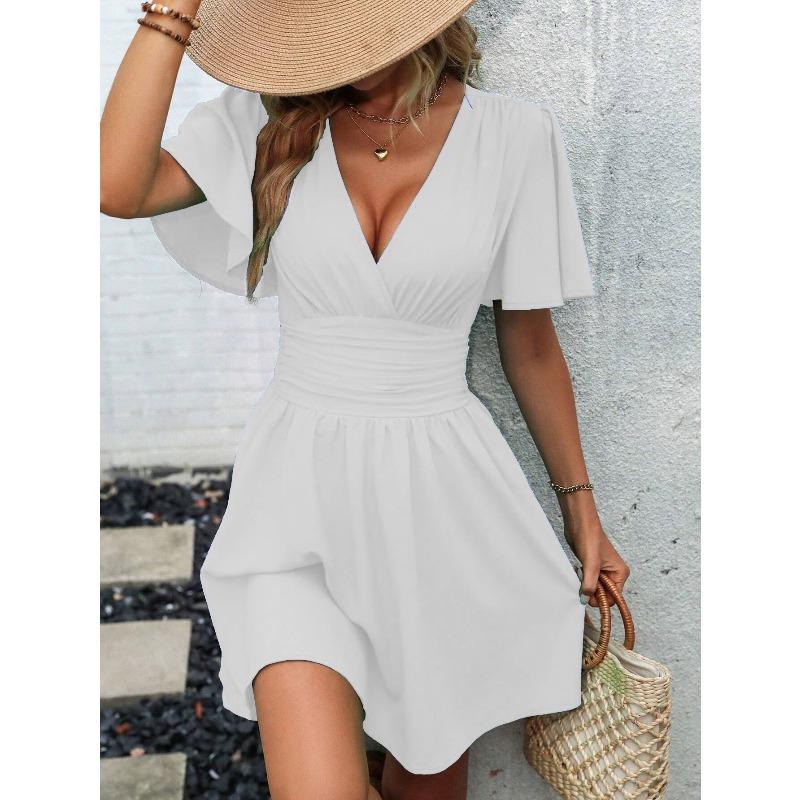 QICED Fashion Summer Spring Solid Color Print V-Neck Short Sleeve Casual Dresses