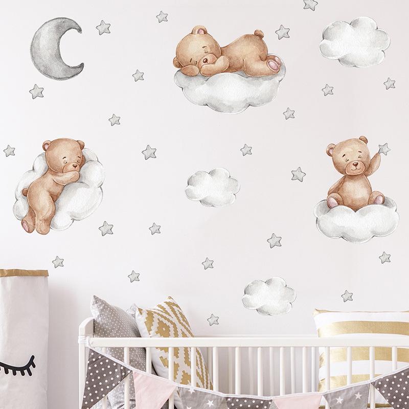 Cartoon Blue Teddy Bear Moon Wall Stickers For Kids Room Baby Nursery Decor Bedroom Wall Decals