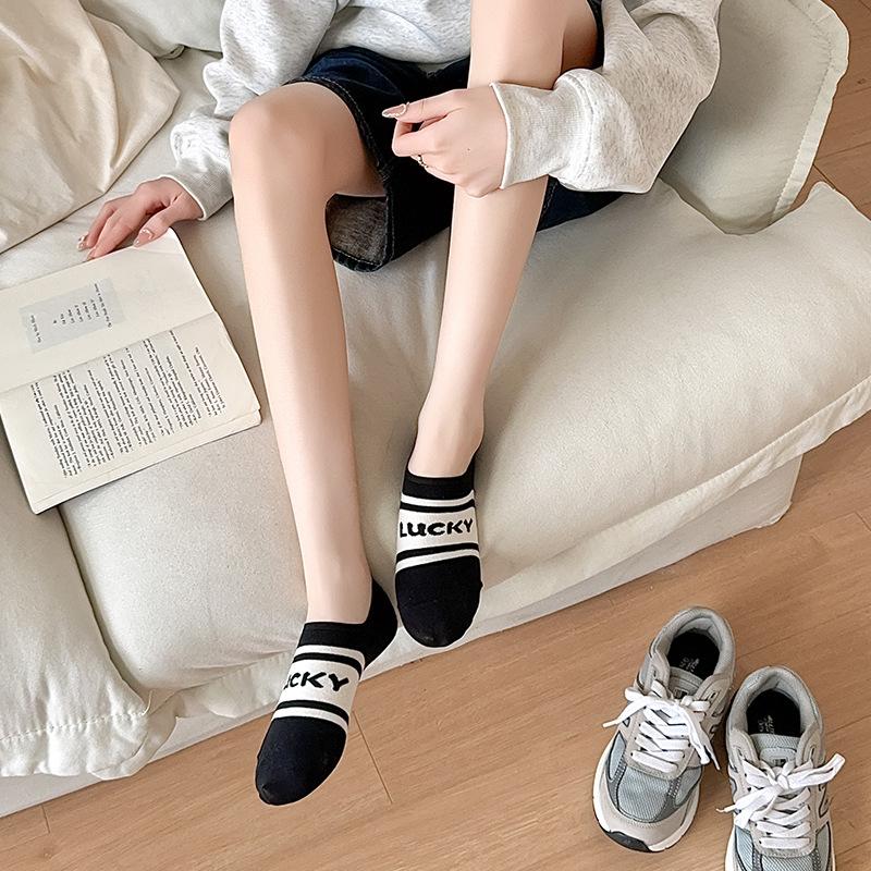 Striped Polka Dot Socks, Women's Short Socks, Spring and Summer, Thin and Cute Cartoon Dog, Low-top Shallow Black and White Boat Socks