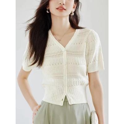 V-neck Knitted Cardigan Women's Summer Clothing New French Elegant Niche Hollow Design Foreign Style Top