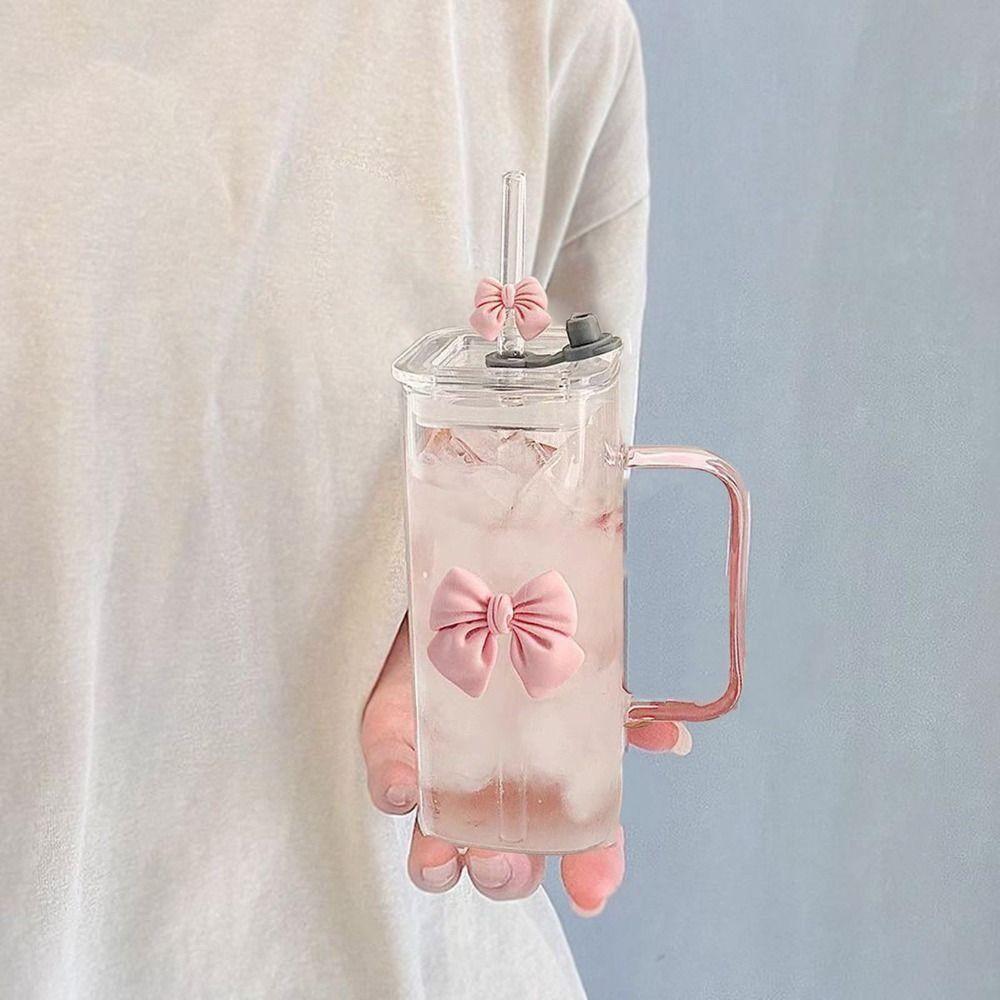 Versatile High Temperature Resistant Matcha Glass With Lids Capacity Glass Straw Cups Bowknot Glasses for Drinking Milk