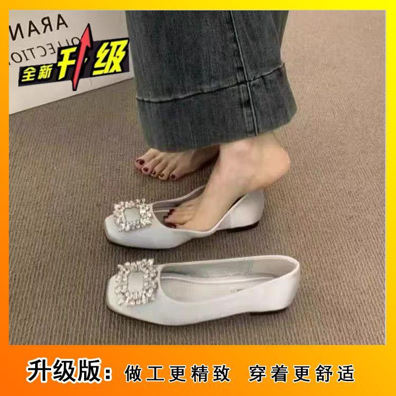 Rhinestone high heels versatile commuter flats women's shoes French black square head temperament single shoes autumn and summer new models