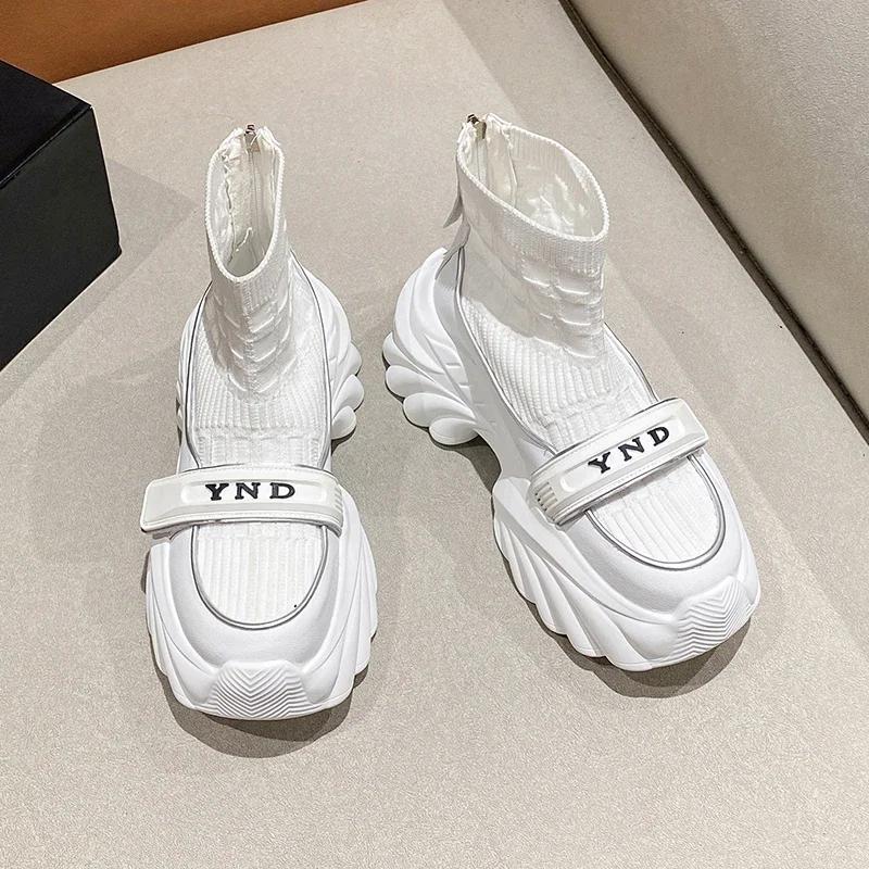 Fashion Knitting High Platform Sneakers Women Autumn Thick Bottom Short Sock Boots Non-slip Motorcycle Chunky Shoes Booties Mujer 8.5CM