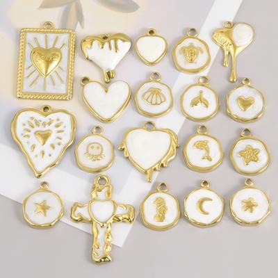 6pcs Real Gold Plated Ocean Animal White Enamel Charm Stainless Steel Oil Drop Heart Pendant Charms For Jewelry Making Supplies