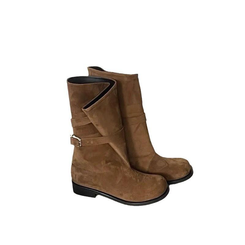 Korean Niche Folding Wide Tube Medium Boots Western Cowboy Boots Women's Autumn and Winter Thick Heel Round Head Belt Buckle Martin Boots