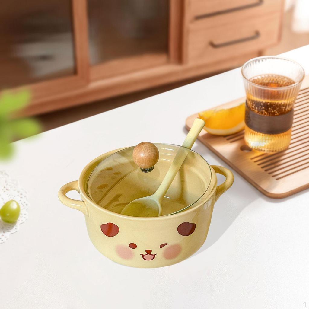 Ceramic Ramen Bowl with Lid, Soup Pot , Cute Design for Home, Student Dorm, Gift, Office